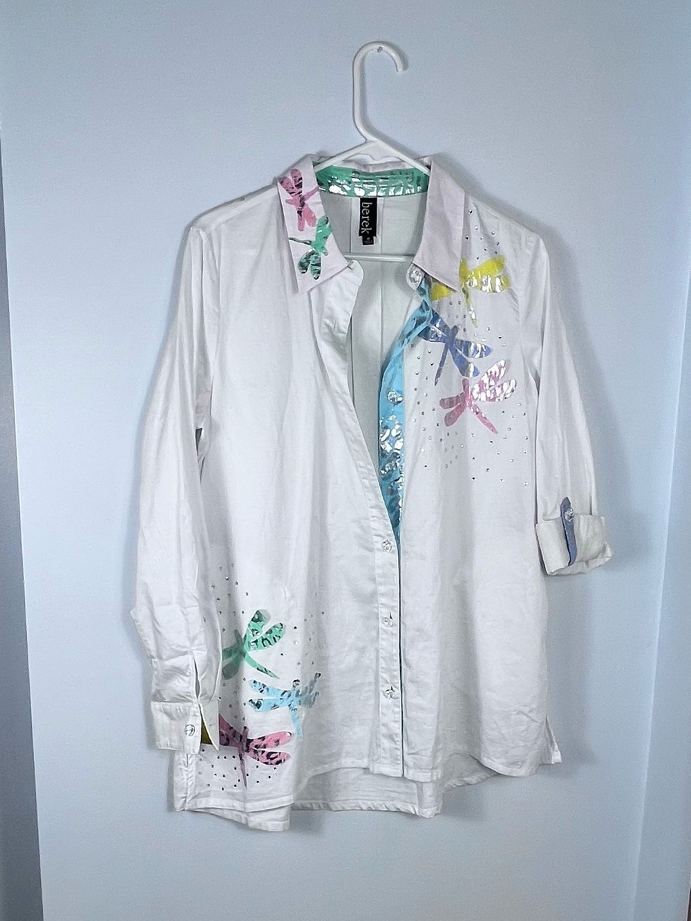 Berek Womans White Button-Up Shirt with Pastel Dragonfliesand Rhinestone Accents
